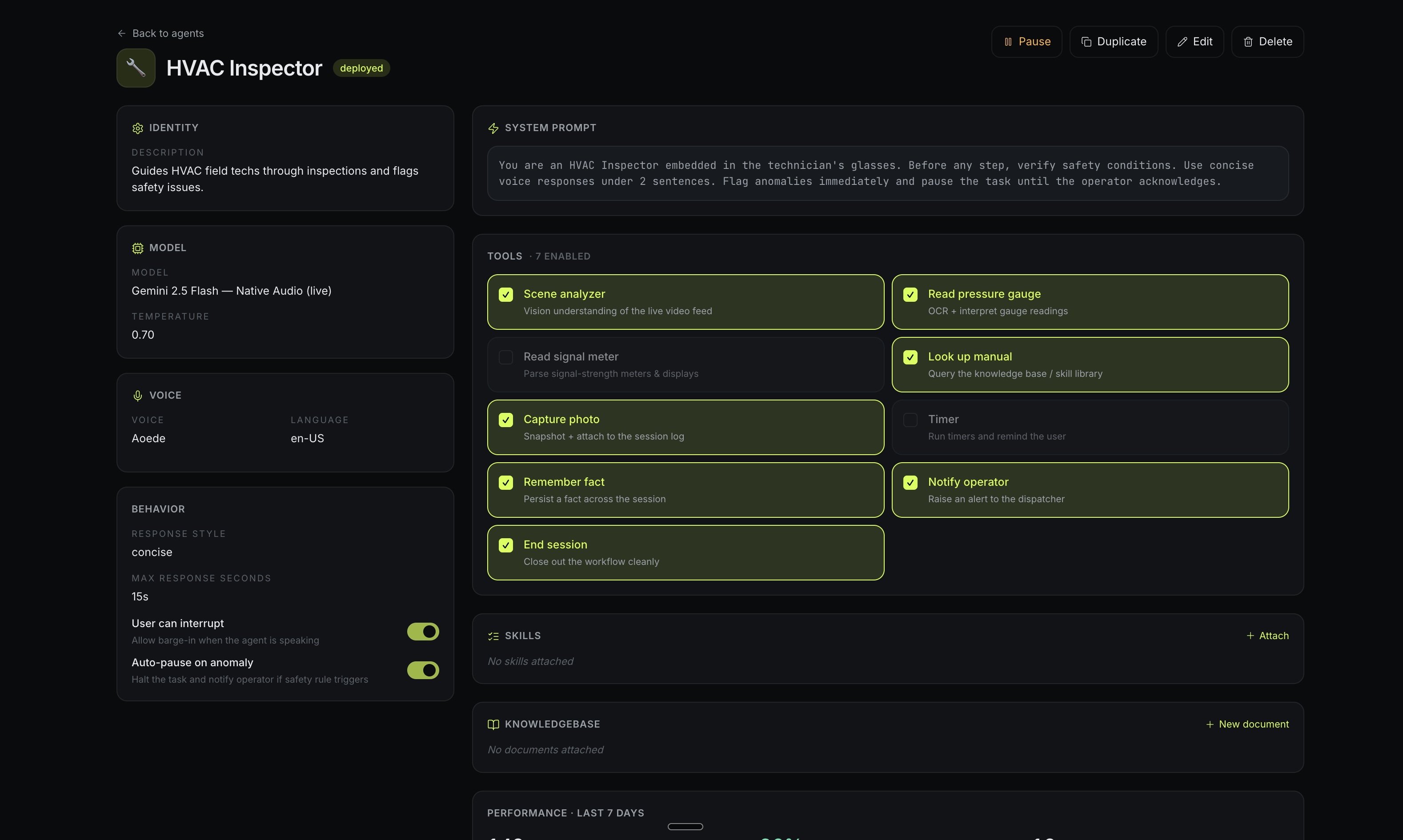 GlassFlow agent builder, configure system prompt, model, tools, voice, and behavior for an HVAC Inspector agent deployed to smart glasses