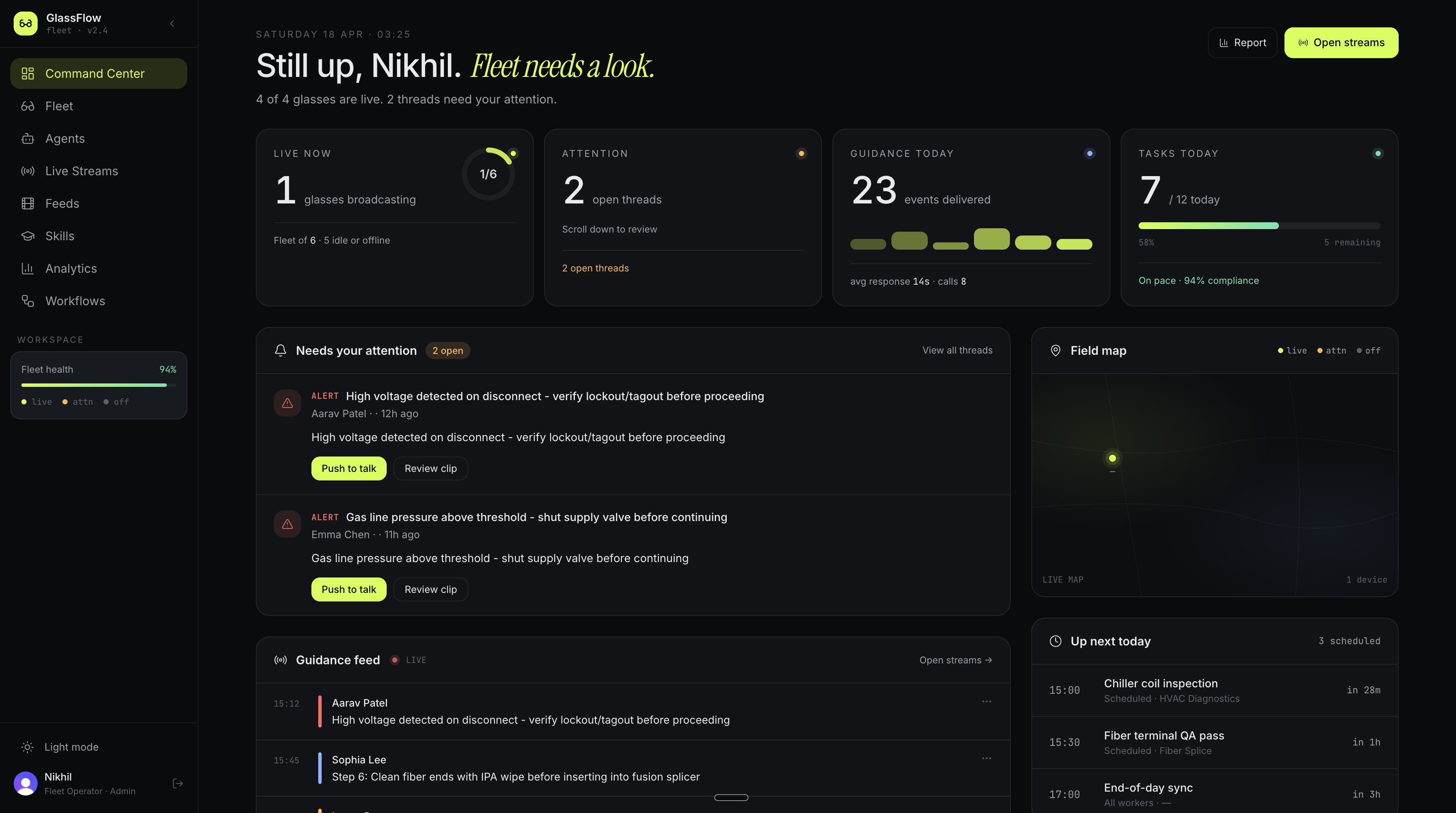 GlassFlow command center dashboard, live fleet status, attention queue, guidance feed, field map, and agents