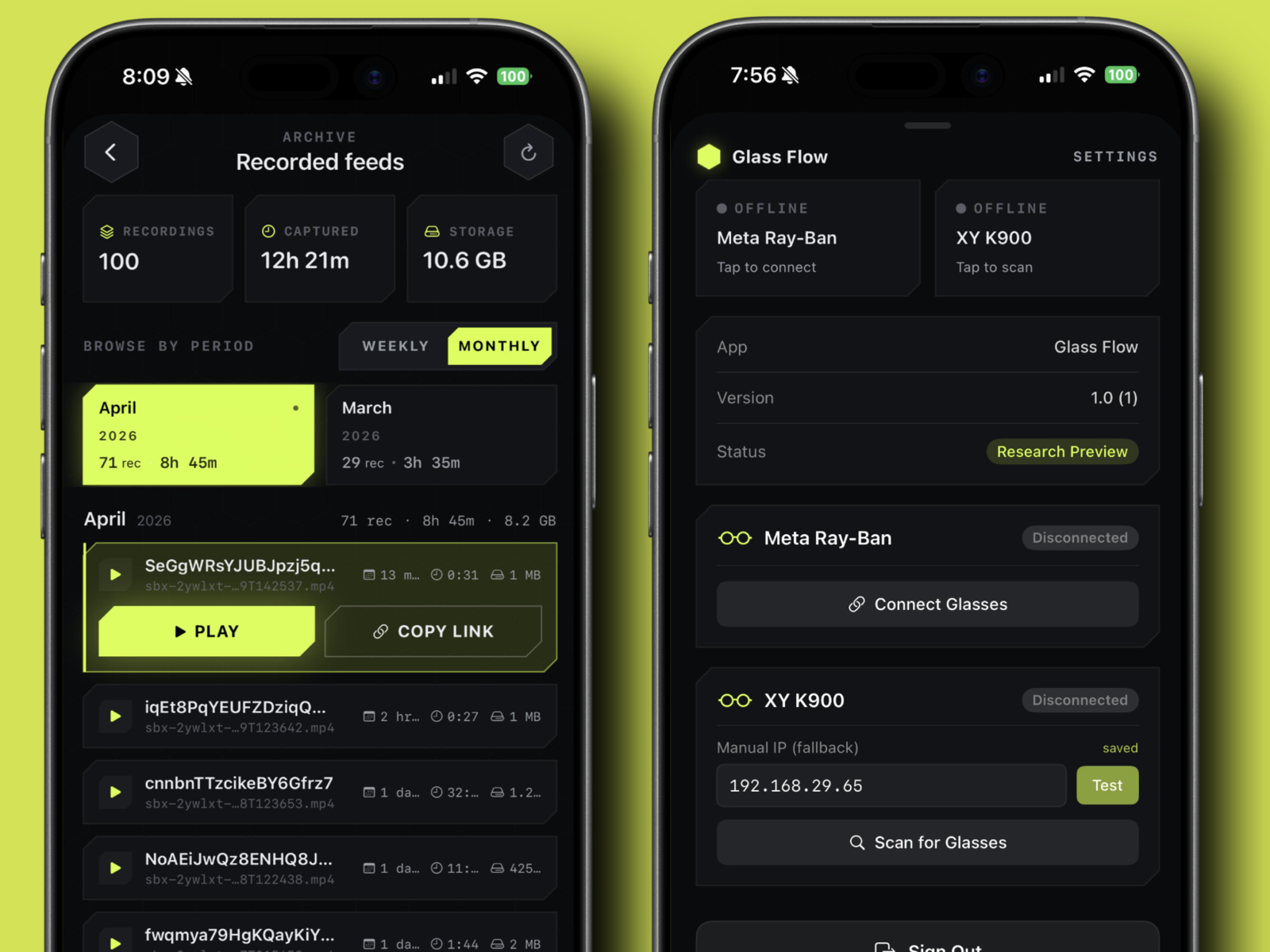 GlassFlow iOS companion, recorded feeds archive and glasses pairing