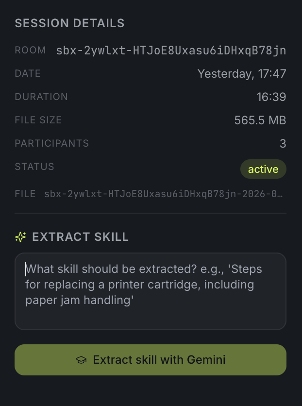 Session details panel with an Extract Skill form, ready to pull a reusable skill out of a recorded GlassFlow session