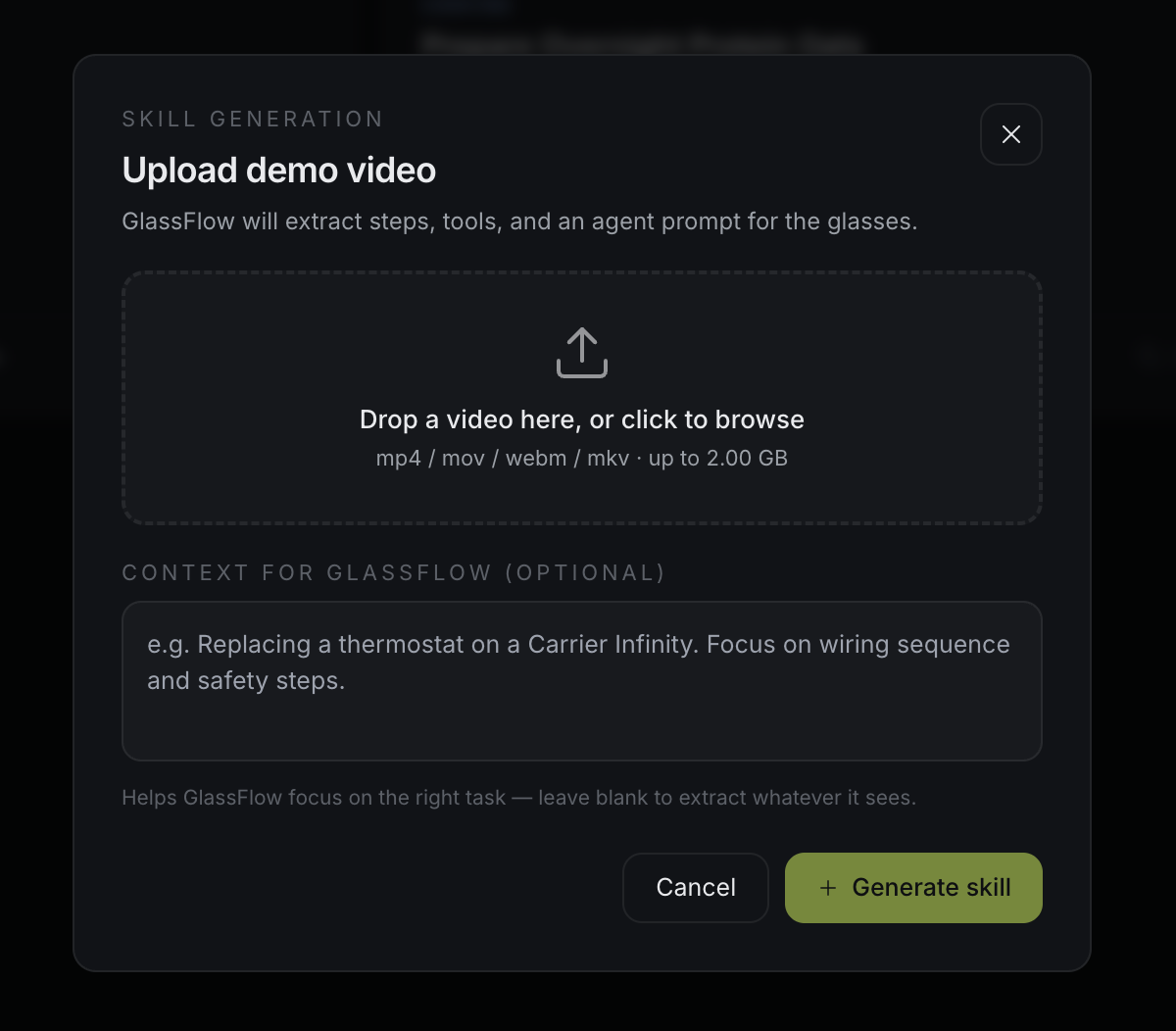 GlassFlow skill generation, upload a demo video and Gemini extracts steps, tools, and an agent prompt